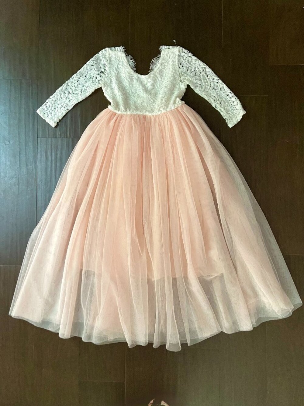 2 Bunnies Girls Dress Maxi Layered Tulle Lacy White/Peachy Lined